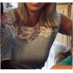 LOFT Gray Top with White Lace Detail